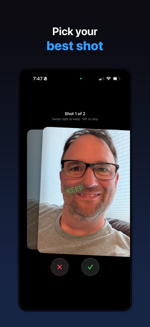 Headshot Studio review screen showing shot 1 of 2, where the user swipes right to keep a photo or left to skip it