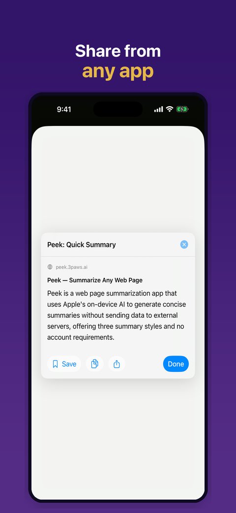 Peek Quick Summary sheet opened from the iOS Share Sheet, showing an on-device summary of a web page with Save, Copy, and Share actions